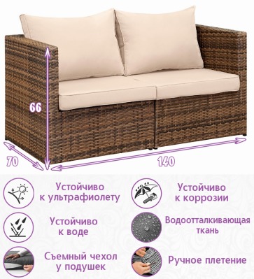 2-х местный диван из искусственного ротанга Лаунж (цвет: капучино) (бежевая подушка) - вид 1 миниатюра