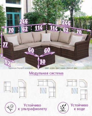 Комплект мебели из искусственного ротанга Премиум Лаунж-V (цвет: кофе) (подушки: тёмный лён) - вид 1 миниатюра