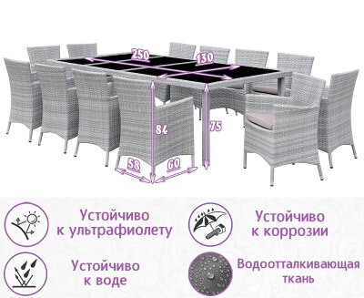 Обеденная группа из искусственного ротанга Пьяцца-12 (цвет: серый) с серыми подушками - вид 1 миниатюра