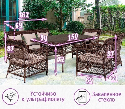 Комплект мебели для обеда и отдыха из искусственного ротанга Пикник-7+ (цвет: кофе) (подушки: лен) - вид 3 миниатюра