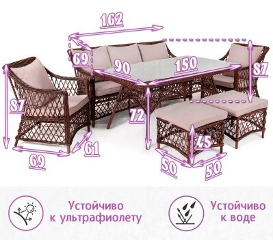 Комплект мебели для обеда и отдыха из искусственного ротанга Пикник-7 (цвет: кофе) (подушки: лен) - вид 3 миниатюра