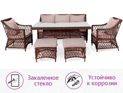 Комплект мебели для обеда и отдыха из искусственного ротанга Пикник-7 (цвет: кофе) (подушки: лен) - вид 5 миниатюра