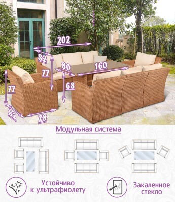 Комплект мебели из искусственного ротанга Премиум Лаунж-8 (цвет: пшеничный) с бежевыми подушками - вид 1 миниатюра